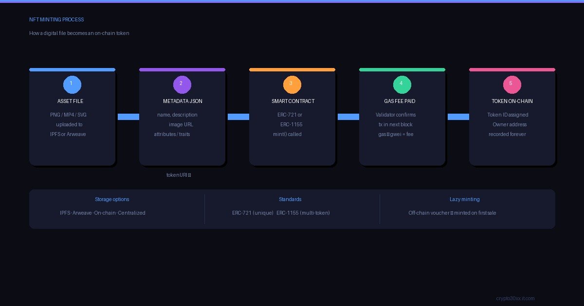 NFT minting process diagram showing five steps: asset file, metadata JSON, smart contract, gas fee, and on-chain token