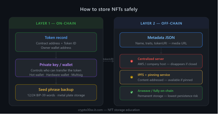 An infographic explaining how to store NFTs safely using on-chain wallets and off-chain storage methods.