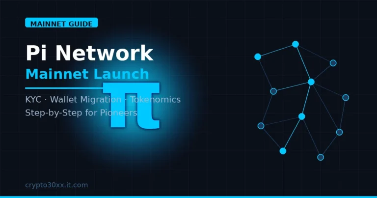 Pi Network mainnet launch guide showing the Pi symbol, blockchain node network, and migration steps