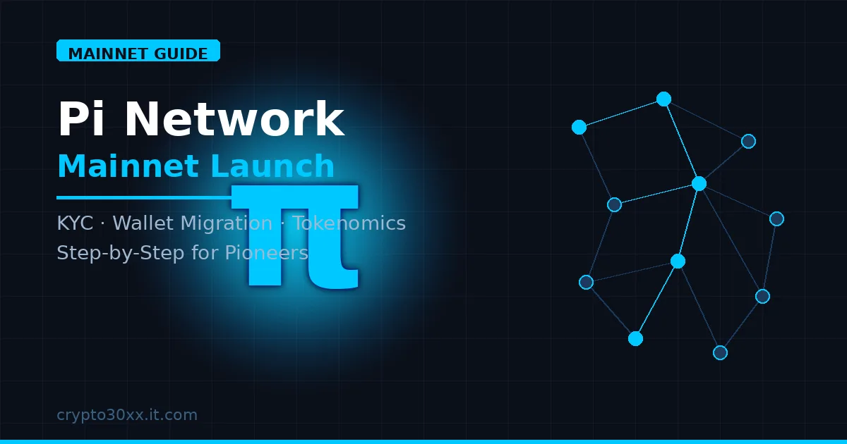 Pi Network mainnet launch guide showing the Pi symbol, blockchain node network, and migration steps