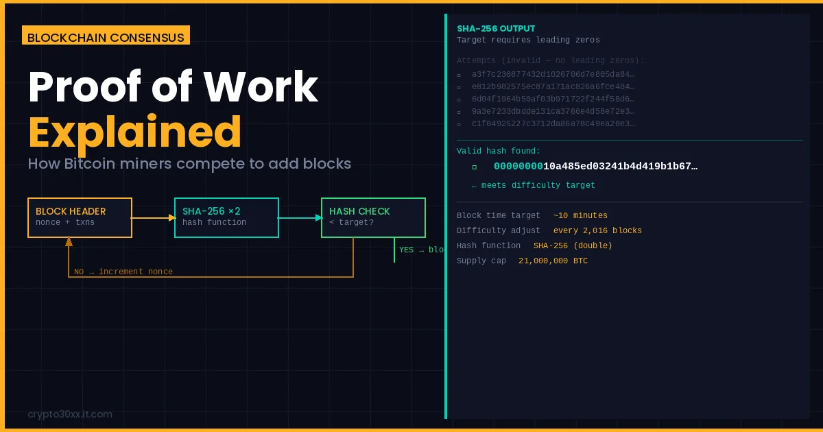 Proof of work diagram showing SHA-256 hash attempts, valid hash with leading zeros, and Bitcoin mining flow