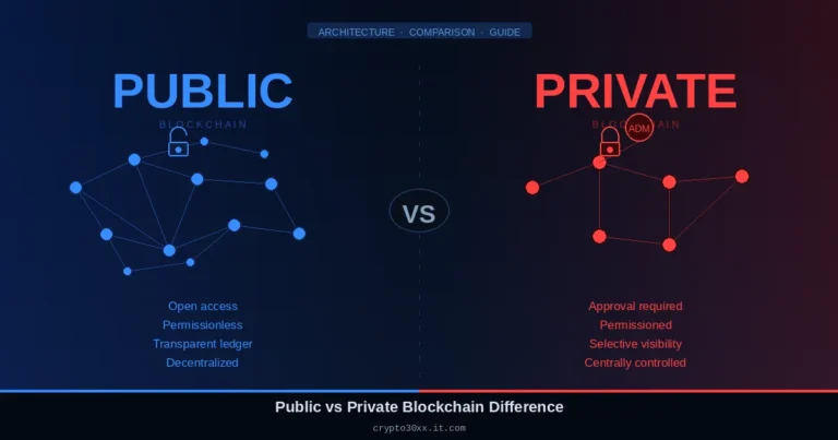 Public vs private blockchain difference showing open node network versus restricted permissioned architecture