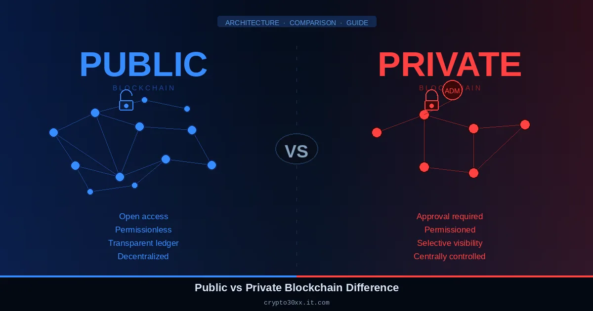 Public vs private blockchain difference showing open node network versus restricted permissioned architecture