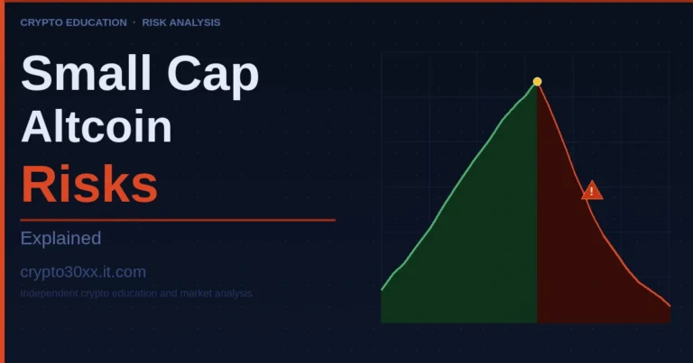 An infographic titled "Small Cap Altcoin Risks Explained" featuring a market chart that rises sharply before dropping steeply, illustrating the high volatility and investment risks of small-cap cryptocurrencies.