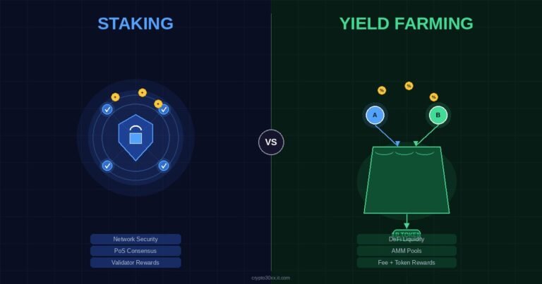 Staking vs yield farming difference — split graphic showing PoS validator nodes on the left and DeFi liquidity pool on the right