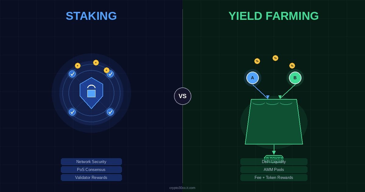 Staking vs yield farming difference — split graphic showing PoS validator nodes on the left and DeFi liquidity pool on the right