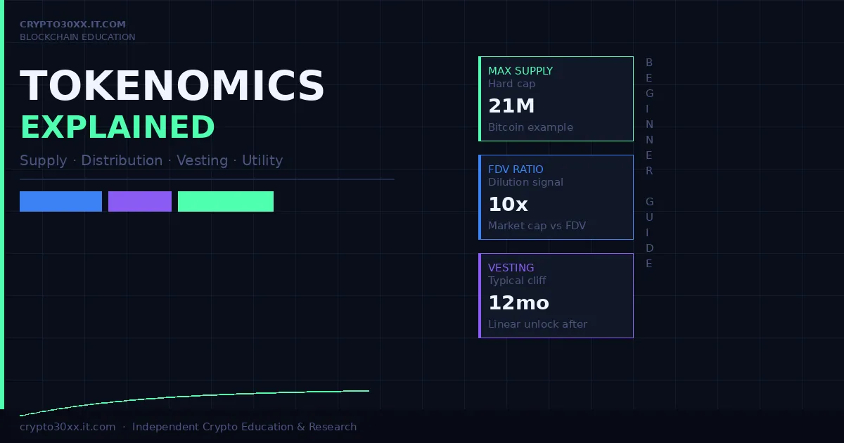Tokenomics explained: infographic showing token supply types, FDV ratio, and vesting schedule for crypto beginners