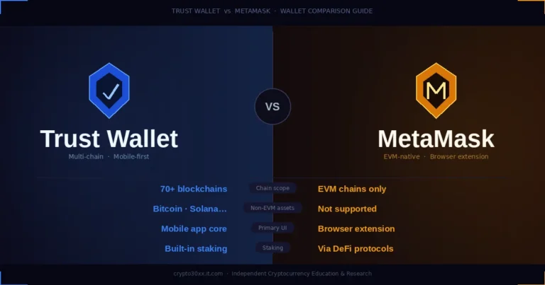 Trust Wallet vs MetaMask comparison showing chain support, interface type, and key features side by side