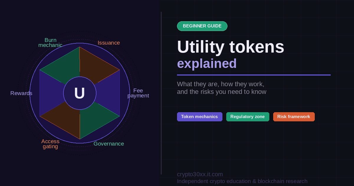 Utility tokens explained — hexagonal diagram showing fee payment, governance, access, rewards, and burn mechanics on a dark background