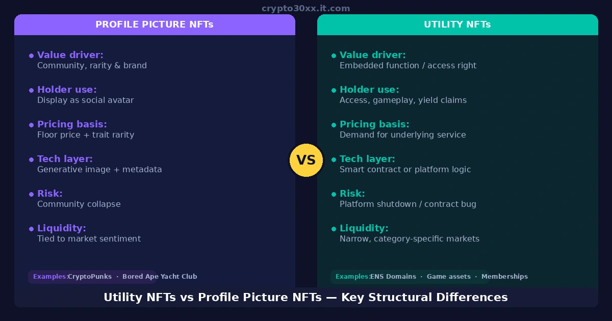 Utility NFTs vs profile picture NFTs — comparison diagram showing key structural differences in value, function, and risk