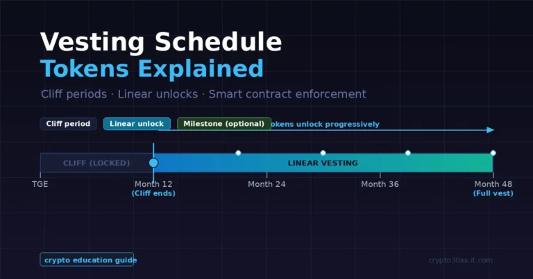 Vesting schedule tokens explained — timeline diagram showing cliff period and linear unlock phases