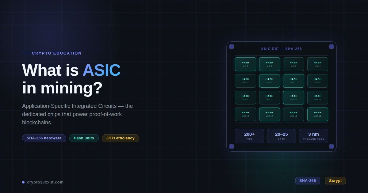 An infographic explaining ASIC mining hardware and its role in cryptocurrency mining.