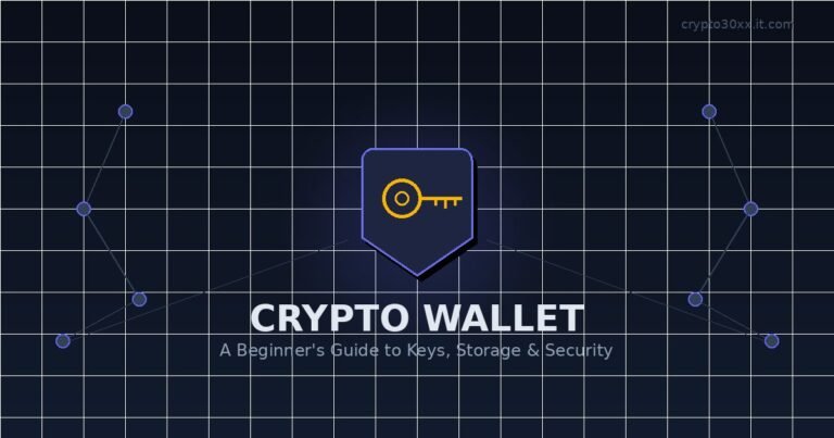 Crypto wallet concept showing a key icon inside a security shield with blockchain nodes on a dark background