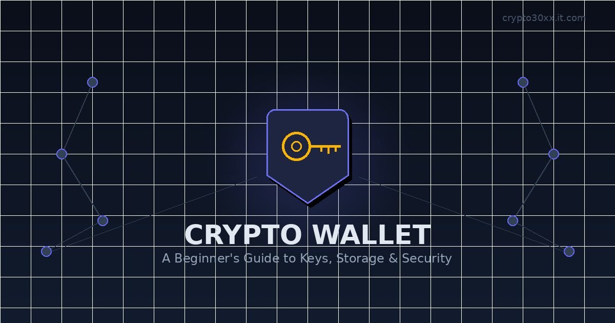 Crypto wallet concept showing a key icon inside a security shield with blockchain nodes on a dark background