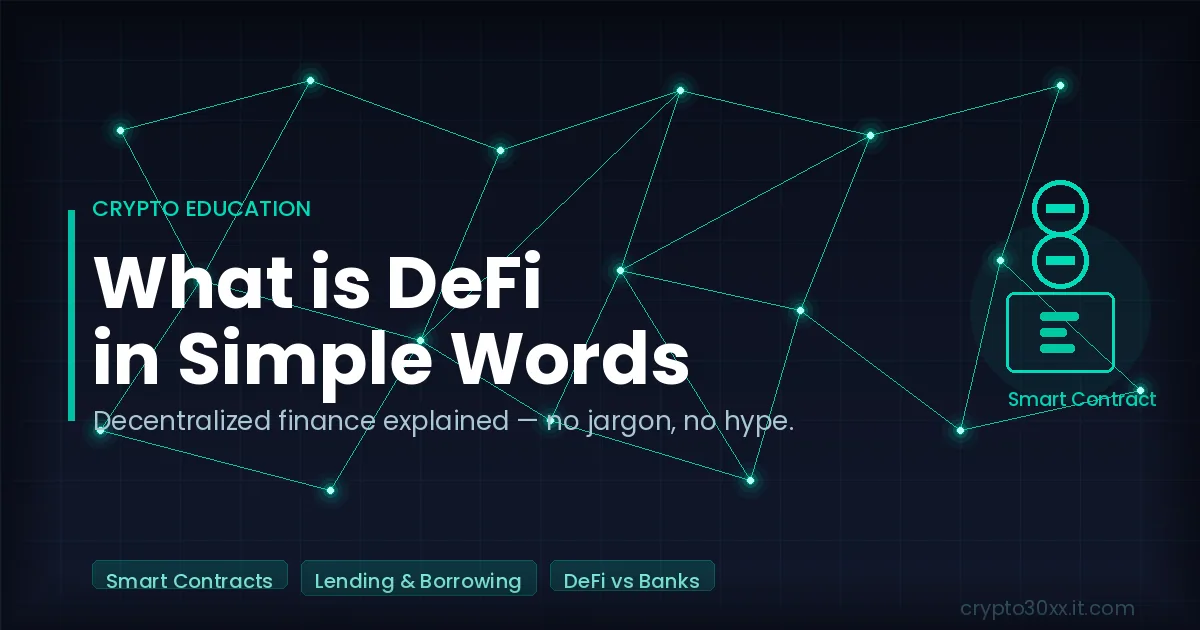 What is DeFi in simple words — a network diagram showing blockchain nodes and a smart contract icon