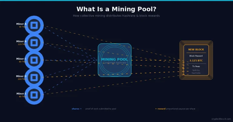 Mining pool diagram showing five miners combining hashrate to earn shared Bitcoin block rewards