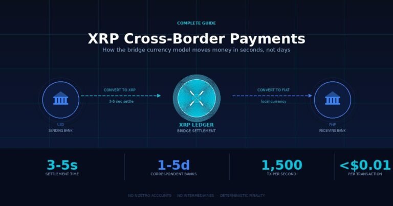 XRP cross-border payments diagram showing USD bank, XRP Ledger bridge, and PHP receiving bank with 3-5 second settlement